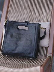 Black Leather Fold Over Leather Clutch/Handbag With Top Handle