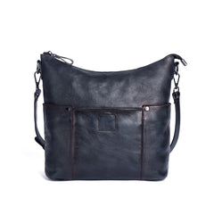 Vintage black Genuine Leather Hobo Bag With Front Zipper Pocket Womens 