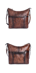 Vintage Brown Genuine Leather Hobo Bag With Front Zipper Pocket Womens 