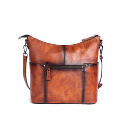 Vintage Brown Genuine Leather Hobo Bag With Front Zipper Pocket Womens 