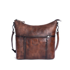 Vintage Brown Genuine Leather Hobo Bag With Front Zipper Pocket Womens 