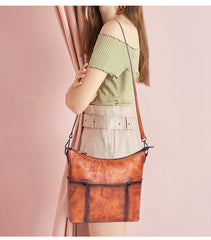 Vintage Brown Genuine Leather Hobo Bag With Front Zipper Pocket Womens 
