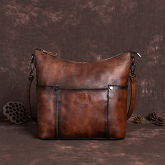 Vintage Brown Genuine Leather Hobo Bag With Front Zipper Pocket Womens 