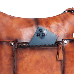side of Vintage Brown Genuine Leather Hobo Bag With Front Zipper Pocket Womens 