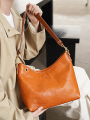 Tan Solid Leather Hobo Purse