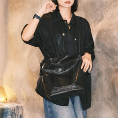 Women's Black Leather Hobo Shoulder Bag Genuine Leather Hobo Purses 