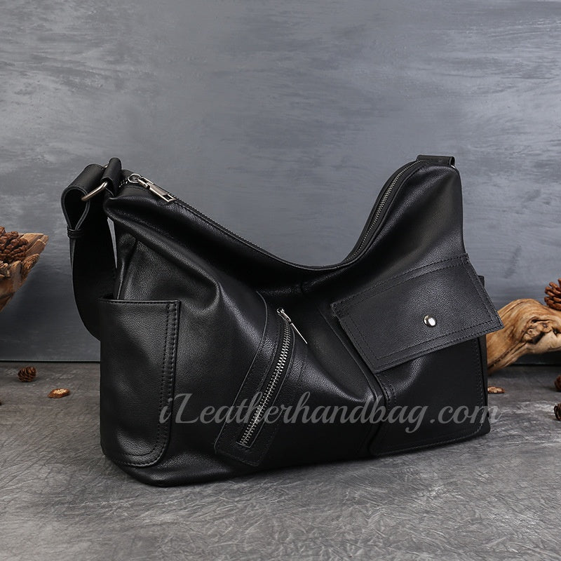 black Genuine Leather Hobo Shoulder Bag Ladies Leather Hobo Bag Zipper Medium Hobo Purse - iLeatherhandbag