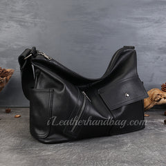 black Genuine Leather Hobo Shoulder Bag Ladies Leather Hobo Bag Zipper Medium Hobo Purse - iLeatherhandbag
