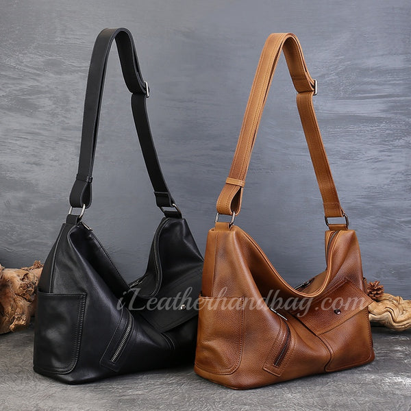 Genuine Leather Hobo Shoulder Bag Ladies Leather Hobo Bag Zipper Medium Hobo Purse - iLeatherhandbag