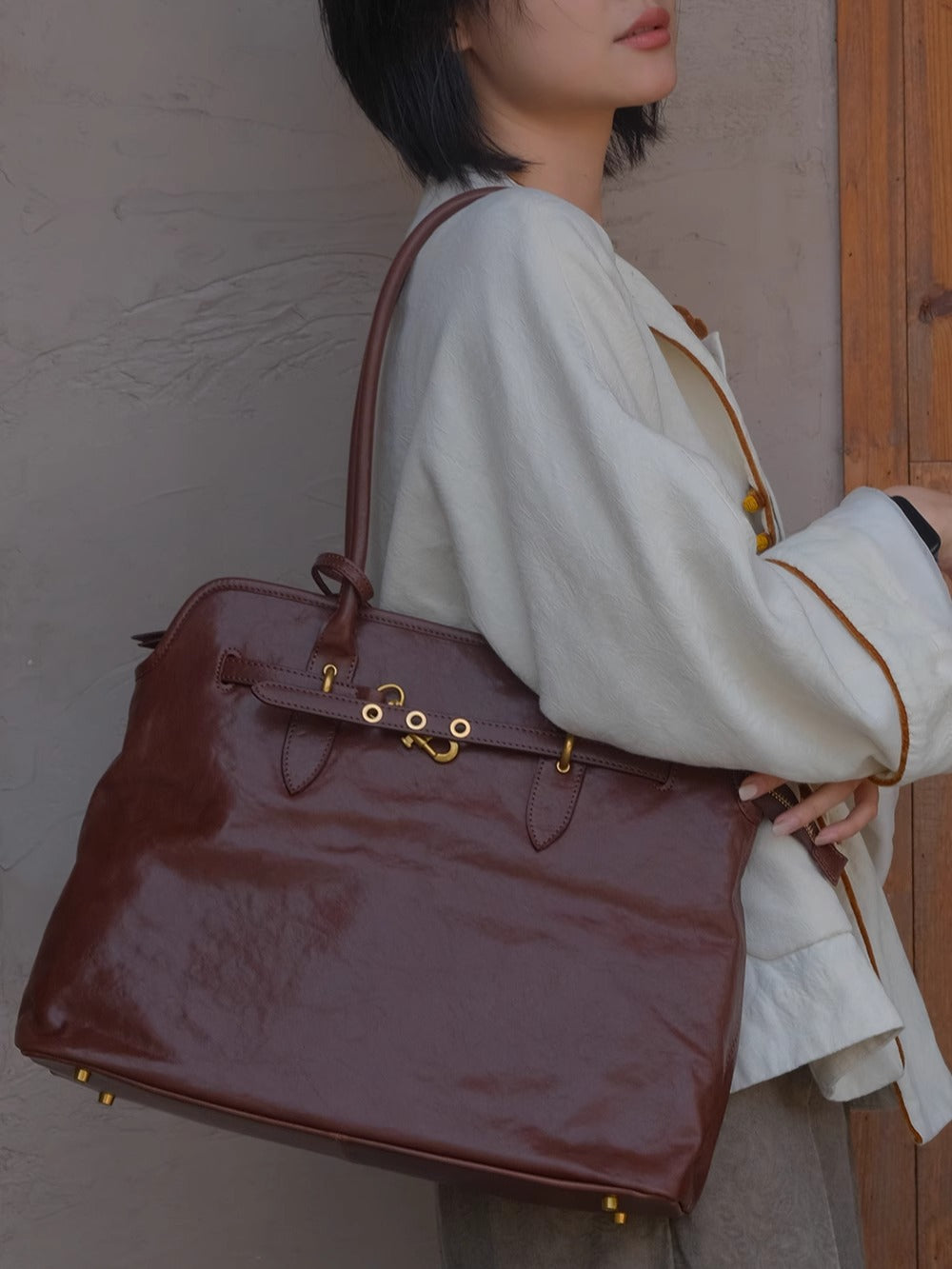 brown Leather Laptop Tote Bag Women's Work Satchel Tote Bag Cowhide Tote 