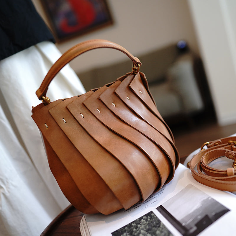 Genuine Leather Shell Style Bucket Bag Purse