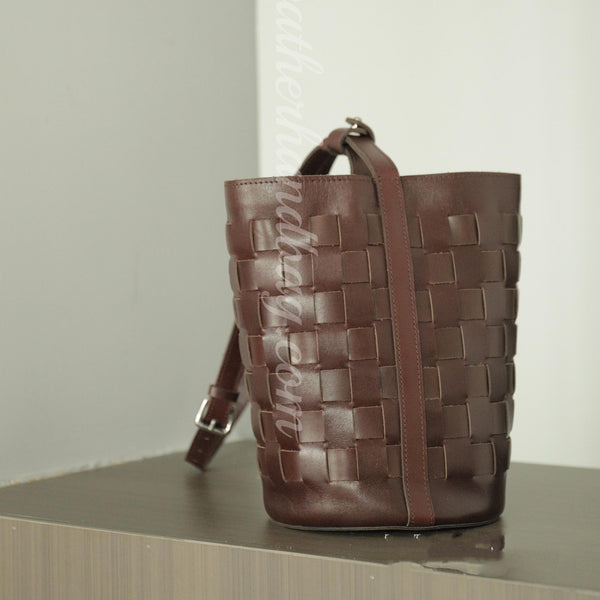 Handmade Woven Leather Bucket Bag Brown Genuine Leather Bucket Bag Womens