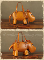 Hippo Shaped Genuine Leather Handbag Genuine Leather Shoulder Bag Womens 