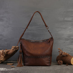 Womens Genuine Leather Hobo Bag Vintage With Diagonal Stitching 