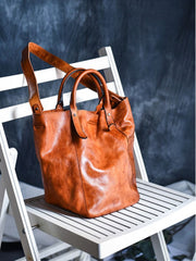 Women's Leather Bucket Tote Bag Tan Leather Tote Handbag