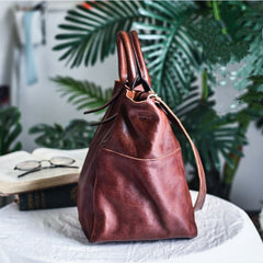 Women's Leather Bucket Tote Bag brown Leather Tote Handbag