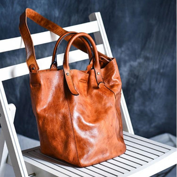 Women's Leather Bucket Tote Bag Tan Leather Tote Handbag