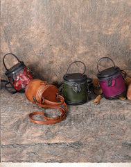 Small Genuine Leather Canteen Cylinder Crossbody Bucket Clutch Bags Womens - iLeatherhandbag