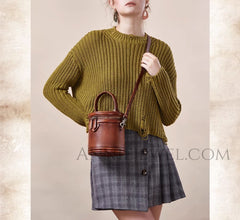Small Genuine Leather Canteen Cylinder Crossbody Bucket Clutch Bags Womens - iLeatherhandbag