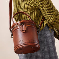 Small Genuine Leather Canteen Cylinder Crossbody Bucket Clutch Bags Womens - iLeatherhandbag