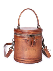 Small Genuine Leather Canteen Cylinder Crossbody Bucket Clutch Bags Womens - iLeatherhandbag