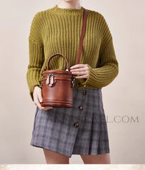 Small Genuine Leather Canteen Cylinder Crossbody Bucket Clutch Bags Womens - iLeatherhandbag