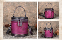 Small Genuine Leather Canteen Cylinder Crossbody Bucket Clutch Bags Womens - iLeatherhandbag