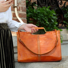 brown Leather Tote Bag Womens Leather Work Tote With Metal Handle