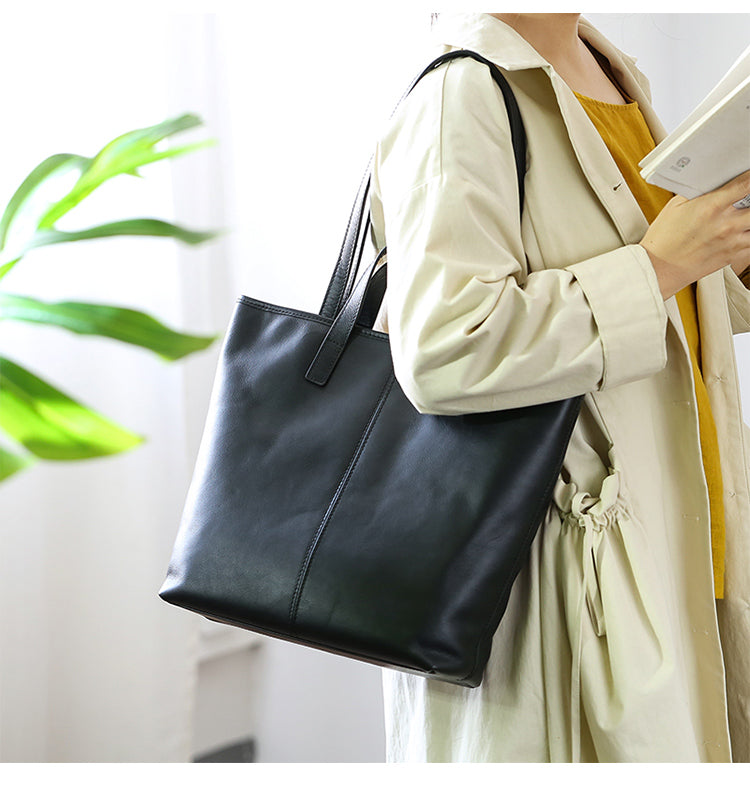 Black Leather Tote Handbag Medium Leather Tote Womens 