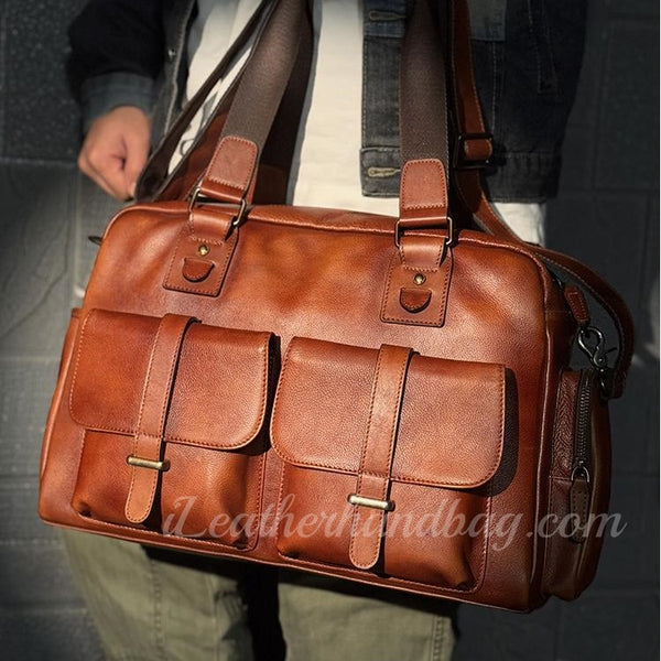Genuine Leather Briefcase Messenger Bag Mens Leather Weekender Bag 
