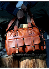 brown Genuine Leather Briefcase Messenger Bag Mens Leather Weekender Bag 