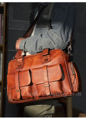 Genuine Leather Briefcase Messenger Bag Mens Leather Weekender Bag 