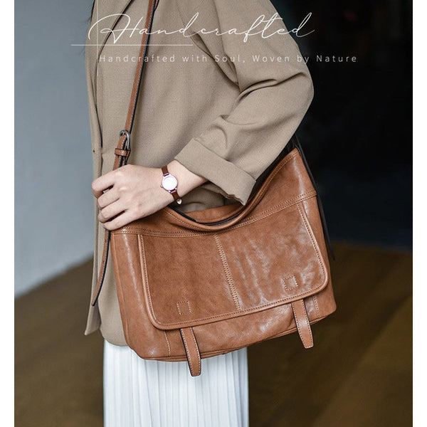 Minimalist Leather Hobo Bag Brown Genuine Leather Shoulder Bag Women