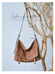 Minimalist Leather Hobo Bag Brown Genuine Leather Shoulder Bag Women