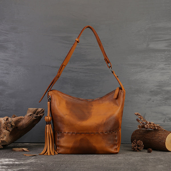 Retro Genuine Leather Hobo Bags With Diagonal Stitching Womens 