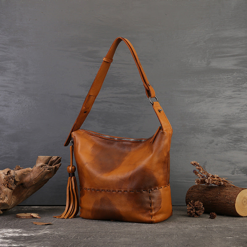 Retro Genuine Leather Hobo Bags With Diagonal Stitching Womens 