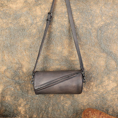 gray Genuine Leather Barrel Bag Purse Retro Leather Barrel Crossbody Bag Womens 