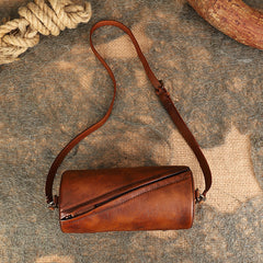 brown Small Leather Barrel Crossbody Bag Purse Vintage Leather Barrel Bag Womens 