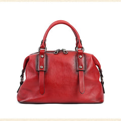 Retro Leather Boston Bag Women's red Satchel Handbags 