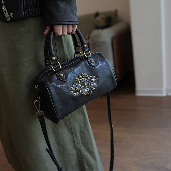 Women's Small Leather Boston Bag Rivet Black Leather Satchel Handbag 