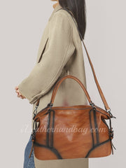 Vintage Brown Genuine Leather Shoulder Bag Retro Leather Handbag With Top Handle 