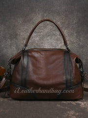 Vintage Brown Genuine Leather Shoulder Bag Retro Leather Handbag With Top Handle 
