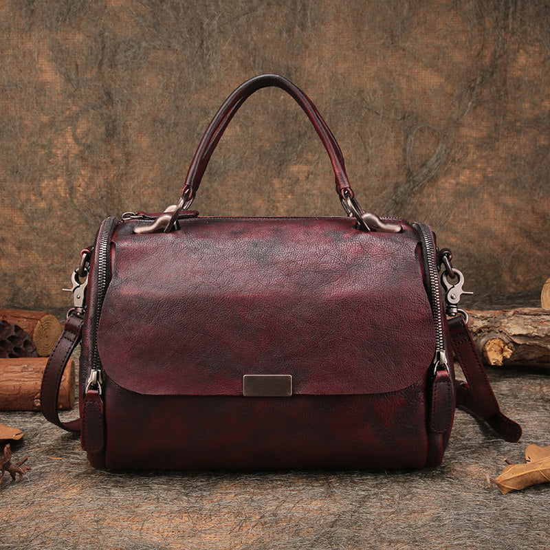 A distressed dark red leather handbag Retro Genuine Leather Boston Bag Brown Satchel Purse Women's Satchel