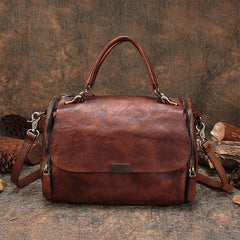 A brown distressed leather handbag Retro Genuine Leather Boston Bag Brown Satchel Purse Women's Satchel