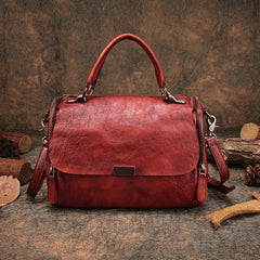 A distressed reddish-brown leather handbag with a top handle, Retro Genuine Leather Boston Bag Brown Satchel Purse Women's Satchel