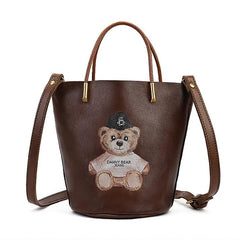 Teddy Bear Print Genuine Leather Small Bucket Bag Purse Womens