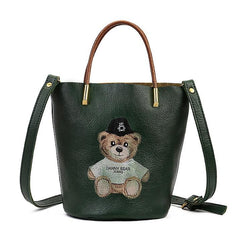 Teddy Bear Print Genuine Leather Small Bucket Bag Purse Womens