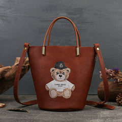 Teddy Bear Print Genuine Leather Small Bucket Bag Purse Womens