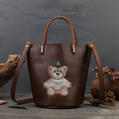 Teddy Bear Print Genuine Leather Small Bucket Bag Purse Womens