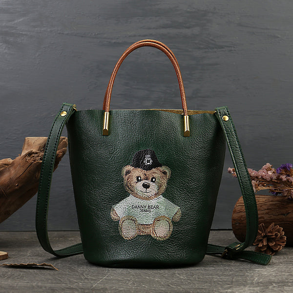 Teddy Bear Print Genuine Leather Small Bucket Bag Purse Womens